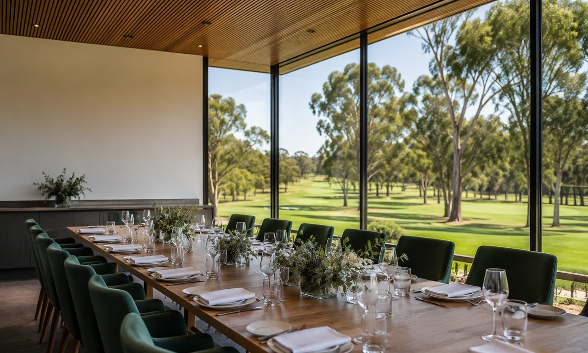 Corporate long-table event setup overlooking the Lane Cove Golf Course