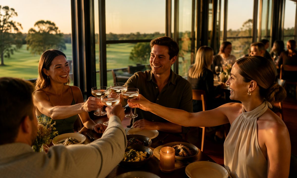 Celebration dinner with champagne toast at golden hour